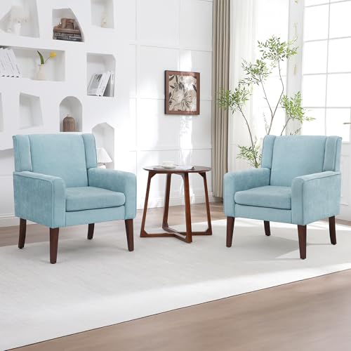 YUUIJOAA Accent Chairs Set of 2, Mid-Century Reading Chair with Wood Legs, Upholstered Comfy Living Room Chair for Bedroom, Apartment, Waiting Room, Light Blue