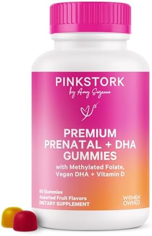 Pink Stork Premium Prenatal Gummy Vitamins with DHA, Folate, and Vitamin D – Multivitamin and Nutrient Blend for Neural Tube and Fetal Brain Development – Pregnancy Must Haves – 60 Vegan Gummies