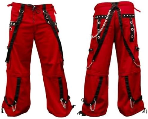 Gothic Men's Gothic Red Trouser Red Threads Black Straps Punk Rock Metal Chain Cyber Pants/USA Pant Pants Turn in to Shorts