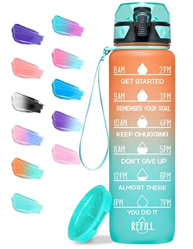 Elvira 32oz Motivational Fitness Sports Water Bottle with Time Marker & Removable Strainer,Fast Flow,Flip Top Leakproof Durable BPA Free