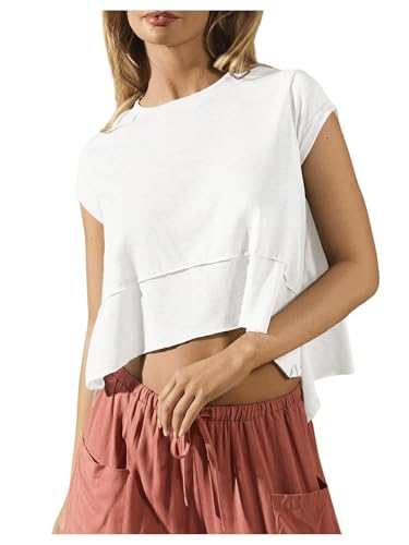SOLY HUX Women's Athletic T Shirt Cap Sleeve Crewneck Asymmetrical Hem Tee Loose Fit Summer Crop Tops