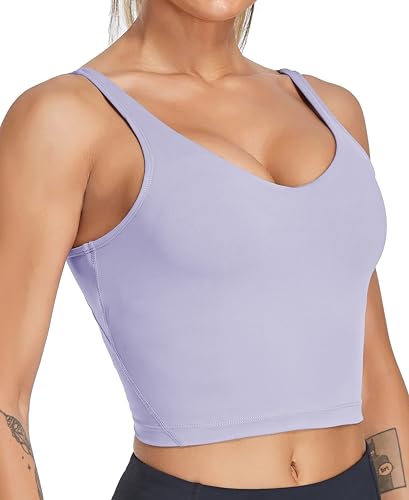 Image of Oalka Sports Bra Womens Longline Padded Crop Yoga Tank Tops | Built in Bras, Workout, Athletic, Fitness, Super Soft, Comfort, Cropped Top, Removable Pads, Heart Neckline For Women