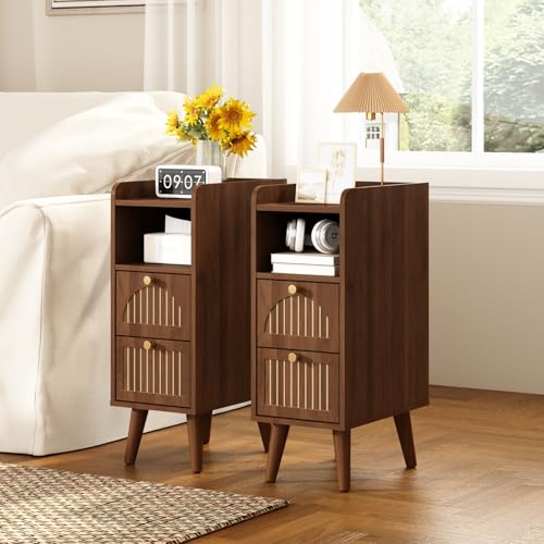Image of Wnutrees 9.3 inch Narrow Nightstand with 2 Drawer, Fluted Wood End Table, Brown
