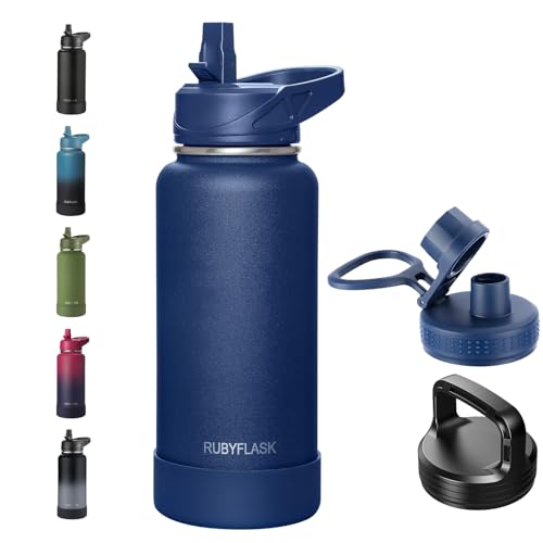RUBYFLASK 32oz Insulated Water Bottle with Straw, Stainless Steel Metal Vacuum Water Flask, Large Thermal Water bottle with Leakproof 3 Lids for Travel, Camping, Gym Sports Navy
