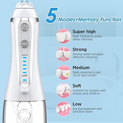 Water Flosser for Teeth, 5 Mode Dental Flosser Cordless Oral Irrigator IPX7 Waterproof, 300ML Reservoir USB Rechargeable w/Gravity Ball 6 Jet Tip for Orthodontic & Implant Teeth, Home Travel