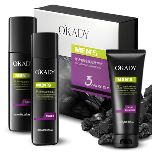 MEN´S KORAL Set de Cuidado Personal para Hombres, Kit de 3 Productos,Limpiadroa,tonico y crema regenerante Carbón activo. Negro