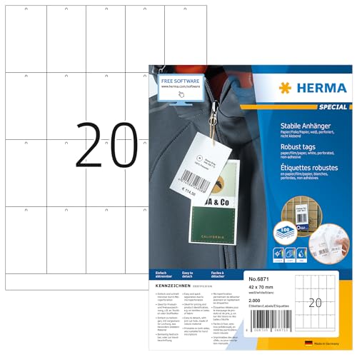 HERMA 6871 Stabile Anhänger perforiert, 100 Blatt, 42 x 70 mm, 20 pro A4 Bogen, 2000 Stück, bedruckbar, matt, blanko Preisanhänger Produktanhänger aus Papier/Folie/Papier-Verbund, weiß