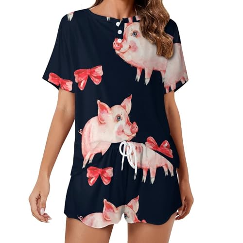 Pyjama femme manches courtes cochon et arc vêtements de nuit ete sleepwear confortable