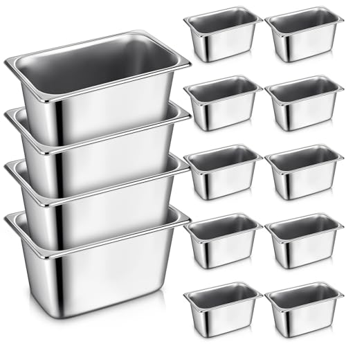 Rtteri 16 Pcs Hotel Steam Table Pan Restaurant Food Prep Tray Buffet Container with 2 Tong and 4 Spoon for Catering Commercial Kitchen Equipment(1/9 Size Pan 4 Inch Deep)