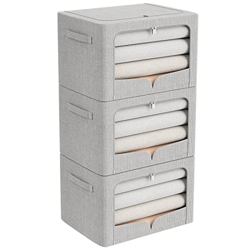 Image of FHSQX 3 Pack Clothes Storage Bins - Foldable Metal Frame Storage Box - Stackable Linen Fabric Container Organizer Set with Carrying Handles and Clear Window (Light Gray, 19.7x15.7x13inch(66L))