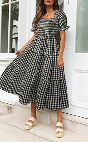 Image of ZESICA Women's 2026 Boho Summer Dresses Gingham Puff Sleeve Square Neck Flowy Beach Midi Dress
