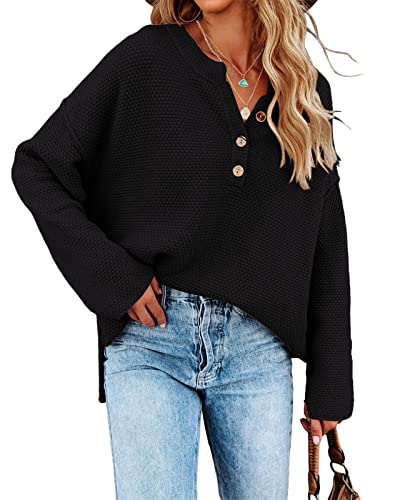 Saodimallsu Women's Oversized Sweaters Batwing Long Sleeve Loose V Neck Button Henley Tops Pullover Knit Jumper