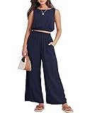 ANRABESS Women’s 2 Piece Outfits Lounge Matching Sets Summer Clothes Casual Linen Jumpsuit Sleeveless Crop Top Elastic Waist Wide Leg Pants Tracksuit Set 1039zangqing-M