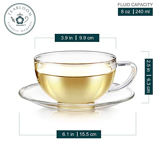 Teabloom Kyoto Teacup And Saucer Set 4-Pack – Medium Size – 8 Oz/ 240 Ml Capacity – Healthful Premium Borosilicate Glass – Heat Resistant, Microwave Safe #TOP1