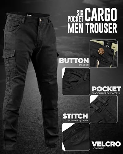 J.A.G. Motorcycle Riding Pants for Men Motocross Motorbike Cargo Jeans with Kevlar Aramid Protective Lining (US, Waist Inseam, 32, 32, Regular, Regular, Black)