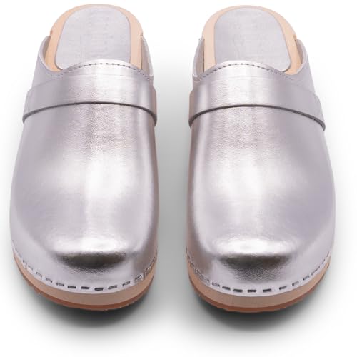 Sandgrens Handmade Swedish Wood Clogs for Women, Low Heel Mule US 7 | Tokyo Metallic Silver LT, EU 38 - Thumbnail 7