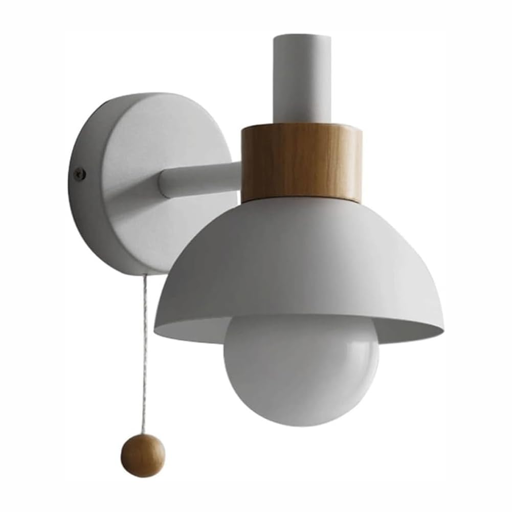 LOGT Retro Wooden Wall Lamp (Indoor) E27 with Switch Metal Wall Light Semi Circular Lampshade Wallspot E27 Bedside Lamp Modern Macaron Lighting Toggle Switch for Living Rooms Hallways Hotels,White