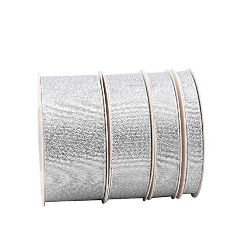 4 Rolls Glitter Silver Ribbon, Ribbon For Gift Wrapping, Holiday Party, Wedding Decoration, Fabric Ribbon For Balloons, Floral Diy, And Classroom Decor, 4 X 25 Yards,(3/8", 5/8", 1", 1-1/2") #TOP1