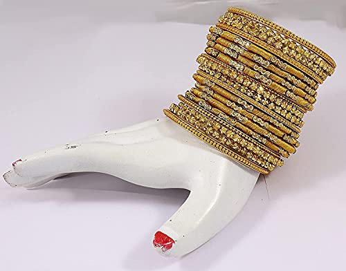 Image of NMII Glass and Silk Thread Zircon Gemstone Bangle Set For Women /Girls, Pack Of 40 Bangles (2.4 Inch, Golden)