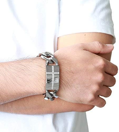 COOLSTEELANDBEYOND Mens Large Stainless Steel Cross Identity Curb Chain Bracelet Set with Cubic Zirconia Hip Hop Rock