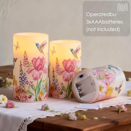 Image of LUSHARBOR Flameless Candles with Remote, Battery Operated Candles Real Wax Hummingbird Flickering LED Candles Floral Christmas Decor Electric Pillar Candles Set of 3
