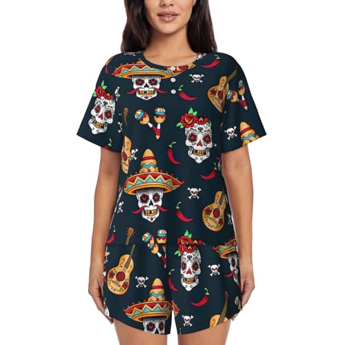 Pyjama mexicain tête de mort ensemble de nuit short doux col rond femme à poches