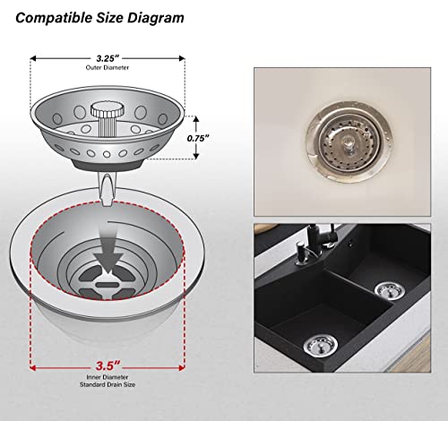 Highcraft 97333-2 Kitchen Sink Basket Strainer Replacement for Standard Drains (3-1/2 Inch) Chrome Plated Stainless Steel Body with Rubber Stopper Pack of 2 - Image 3