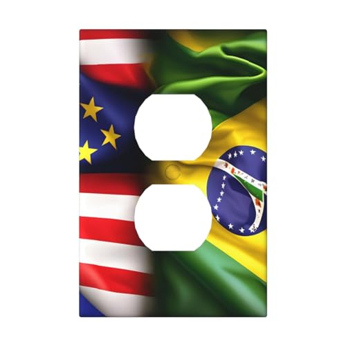 Cubiertas de salida con estampado de banderas estadounidenses y brasileñas, 1 placa de pared de tamaño estándar, cubiertas de placas frontales de policarbonato de doble salida