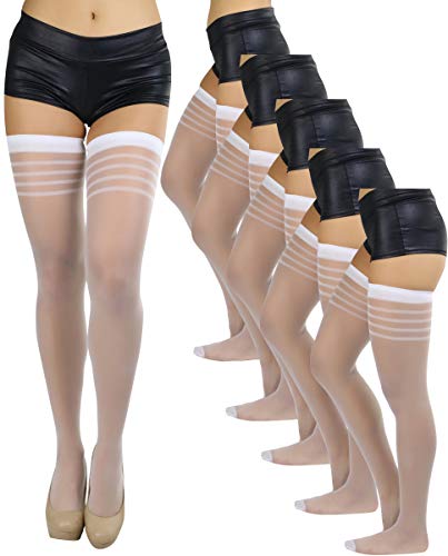 Image of ToBeInStyle Women's Pack of 6 Top Stripe Band Sheer Thigh High Stockings