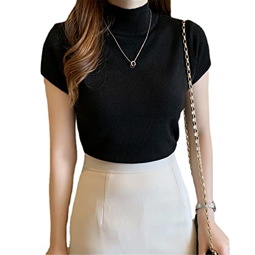 MAOAEAD Haut tricoté à col roulé pour femme - Manches courtes - Extensible - Noir - XL (55-60 kg)) Cover