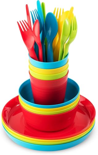 LATERN 24 Stück Mehrweggeschirr aus Kunststoff, 4 x Unzerbrechliche Kinderteller & Salatschüsseln, 4 x 240ml Becher, 4 x Wiederverwendung Messer Gabel Löffel – für Müsli Suppe Snack Obst Salat