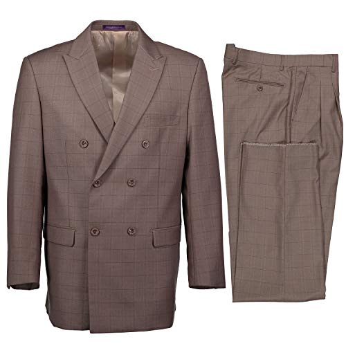 Vinci Men's Windowpane Plaid Double Breasted 6 Button Classic Fit Suit Tan | Size: 40 Regular / 34 Waist #TOP11