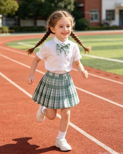 Image of Betusline Girls Skirt Set JK School Uniform 2-Piece Outfit - Short Sleeve Shirt with Bow & Pleated Skirt 4T-14Y