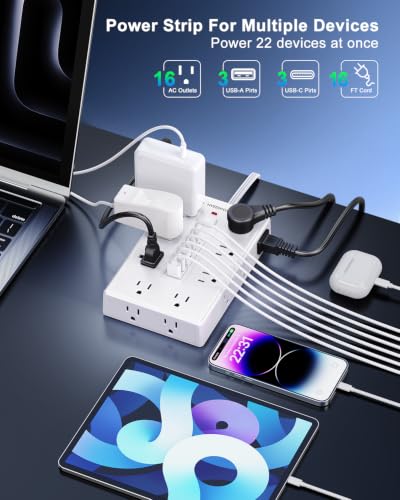 Image of Surge Protector Power Strip with 16 AC Outlets 6 USB Ports(3 Type C) | Flat Plug 16Ft Extension Cord with Multiple Outlets, Desktop Charging Station, Flat Plug Outlet Extender for Home Office Dorm