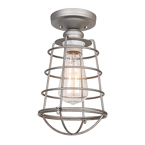 Image of Design House 519686 Ajax Industrial Modern 1-Light Indoor Ceiling Mount Light with Metal Wire Cage for Hallway Foyer Closet, Galvanized Steel
