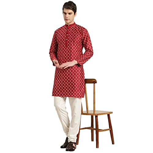 Image of SOJANYA, Men's Silk Blend NavyBlue Kurta with Multi Color Embroidery and Off-White Pyjama