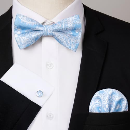 Image of HISDERN Bow Ties for Men Pretied Bow Tie Set Paisley Classic Bowties and Pocket Square Cufflinks Set for Wedding Party