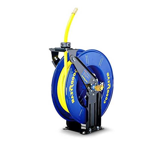 Goodyear Air Hose Reel Retractable 1/2" Inch x 50' Foot Max 300PSI SBR Rubber Hose Heavy Duty Industrial Steel Dual Arm Construction