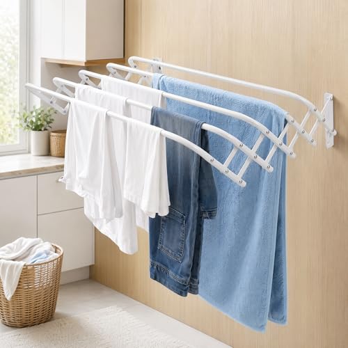 Miniatura 18 de Various Tendedero Plegable De Secado De Ropa Para Colgar En La Pared,Tendedero Extensible De Pared 100 Cm De Intetiot O Exterior De Acero Blanco,Tendedro Con 5 Barras Ahorra Espacio