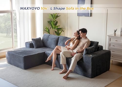 Image of MAXYOYO 104 inch Modular Sectional Couch with L-Shape Chaise, Modern Boneless Couch for Living Room, Sofa in A Box, Oversized Sofa with Deep Seat, No Assembly Required, Dark Grey