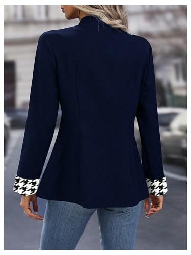 MakeMeChic Women's Houndstooth Open Front Mock Neck Double Breasted Long Sleeve Blazer Business Jacket2