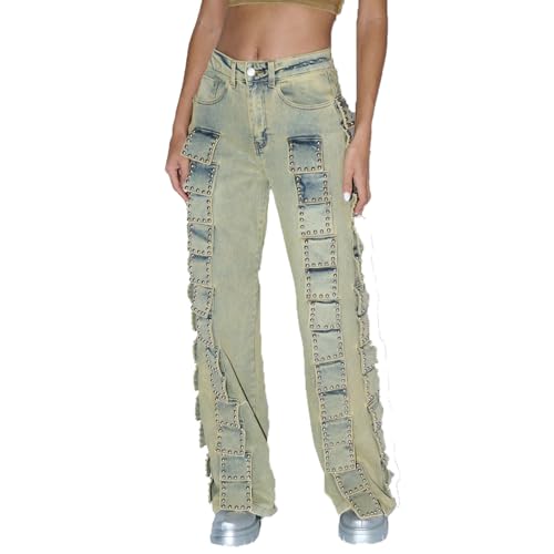 Mandonce Jeans for Women Y2K Rivet Heavy Industry Adhesive Tape Wide Leg Jeans Woman Clubwear Cargo Pants Trendy Summer Pants