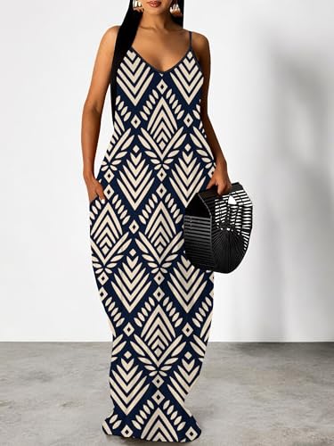 Image of SUZONANA Women's Plus Size Summer Dresses Spaghetti Print Midi Dresses Long Loose Sundresses