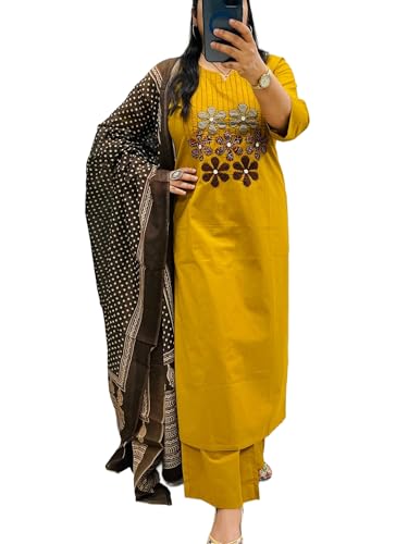 BHARVITA Women's Cotton Embroidered Anarkali Kurta and Palazzo with Dupatta Set | A-line fit (IN, Alpha, L, Regular, MUSTARD)
