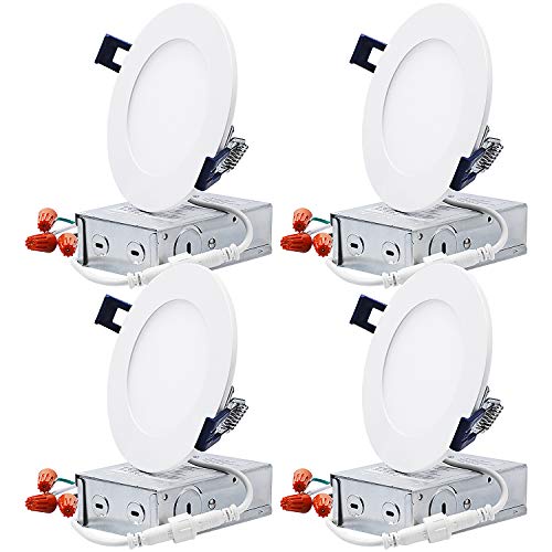 TORCHSTAR Essential Series 4 Inch Ultra-Thin LED Recessed Lighting with J-Box, 10.5W Dimmable Slim Panel Downlight 800lm, ETL & Energy Star Listed, 5000K Daylight, Pack of 4