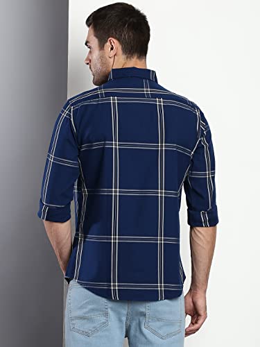 Image of Dennis Lingo Men's Plaid Blue Slim Fit Cotton Casual Shirt with Spread Collar & Full Sleeves