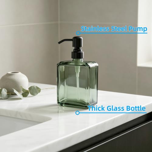 Image of Green Soap Dispenser Glass Rectangular, Black Pump, 13.5 oz | Rust Proof Stainless Steel Pump, Refillable, Hand Soap, Liquild Soap, Dish Soap, Bathroom, Kitchen