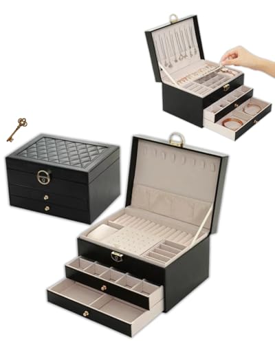 Porta Joias Organizador 3 Camadas C/Chave | Estojo Multiuso para Anéis, Colares e Brincos | Modelo Elegante, Resistente e Ideal para Organização | Cor Preto