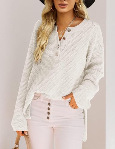 Image of Women Oversized Sweaters V Neck Long Sleeve Tops Quarter Button Up Pullover Business Casual Clothing,White S
