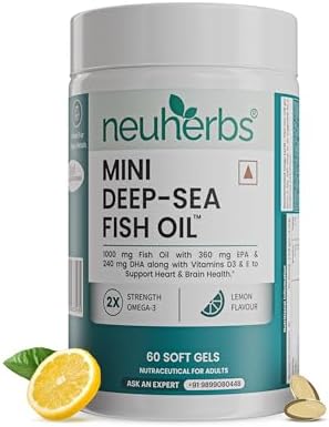 Neuherbs Mini Deep Sea Omega 3 Fish Oil Capsules 1000mg Supplement | EPA - 360mg, DHA - 240mg | With Vitamin E & D3 | Supports Heart, Brain, Muscle & Joint Health| Lemon Flavour - 60 Softgels